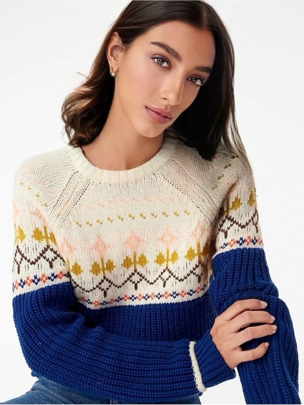 J. CREW Floral Fair Isle Lambswool Cottagecore Crewneck Sweater Blue XS NEW
